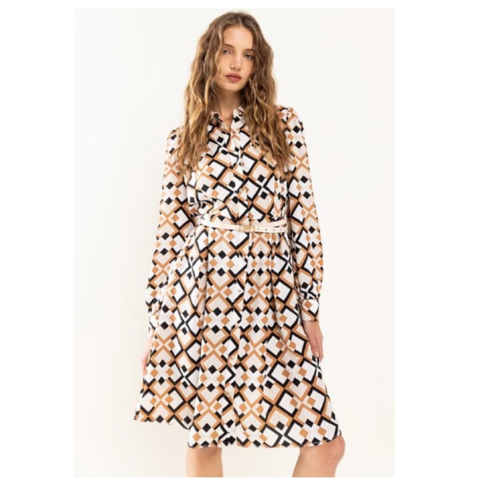 Geometric Print Woven Basic Collared Midi Dress - Picture 2 of 4